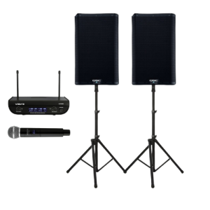 PA System. 2x speakers on stands with wireless microphone
