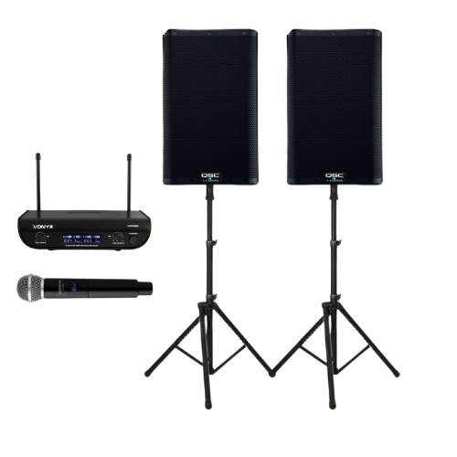 PA System. 2x speakers on stands with wireless microphone