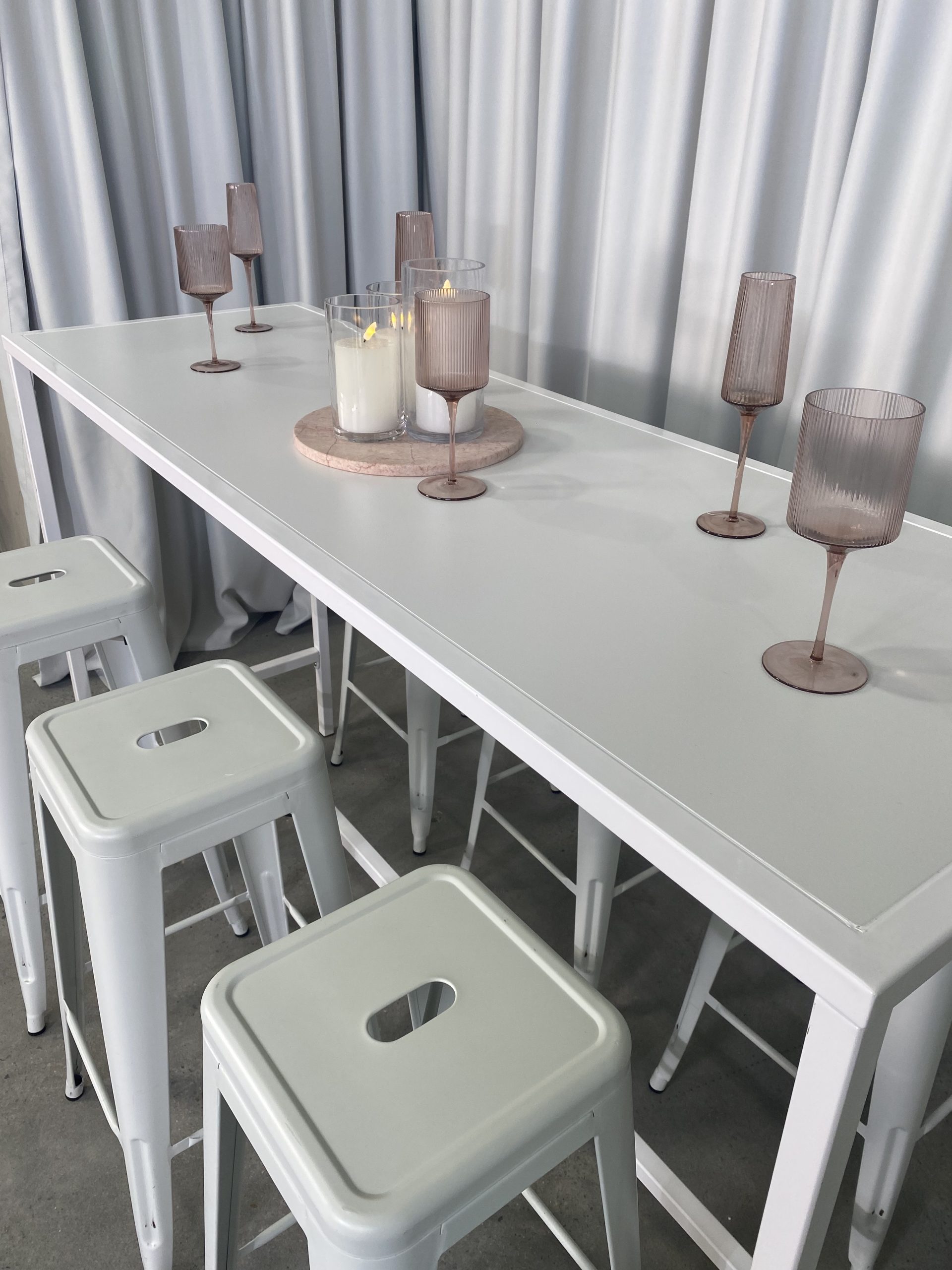 White rectangular tapas table: white tolix stools 2