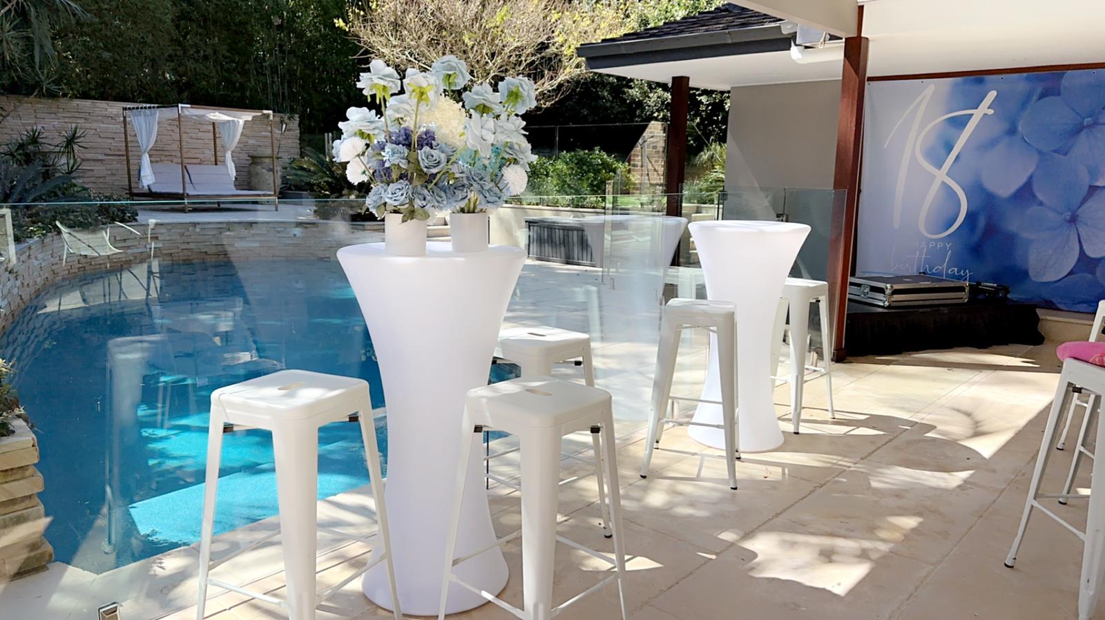 glow cocktail bar table and white tolix stool