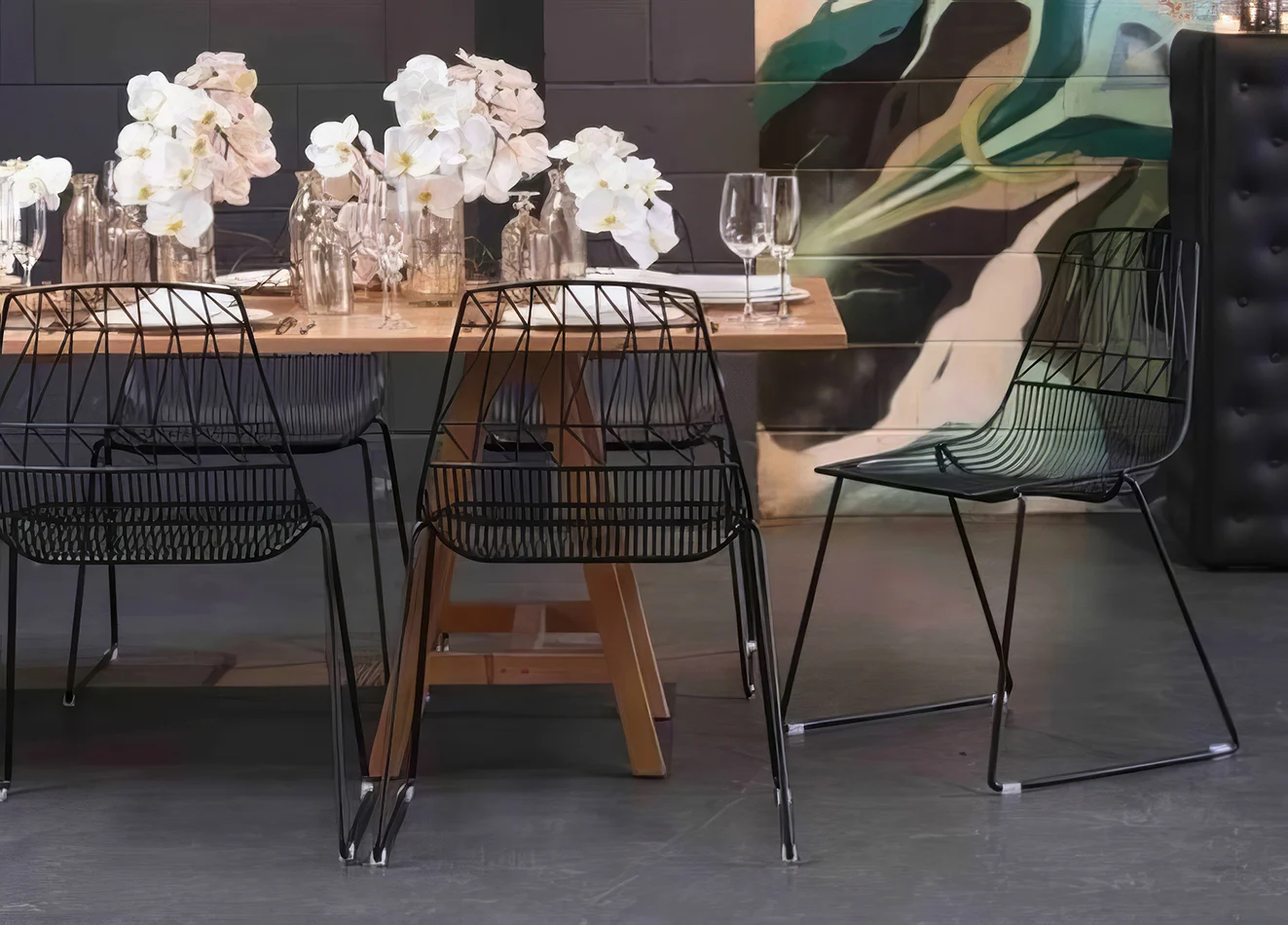dinner table setting with black wire chair hire