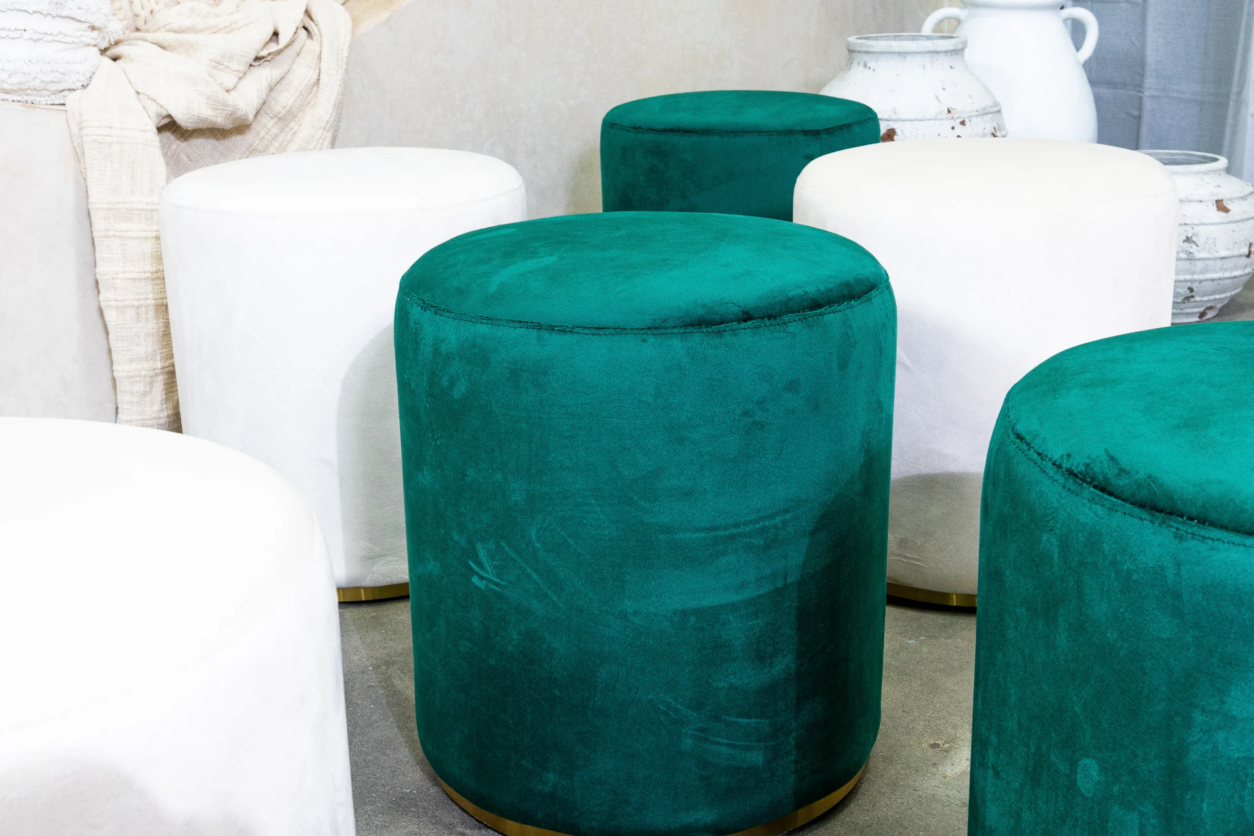 white and green velvet ottoman stool hire