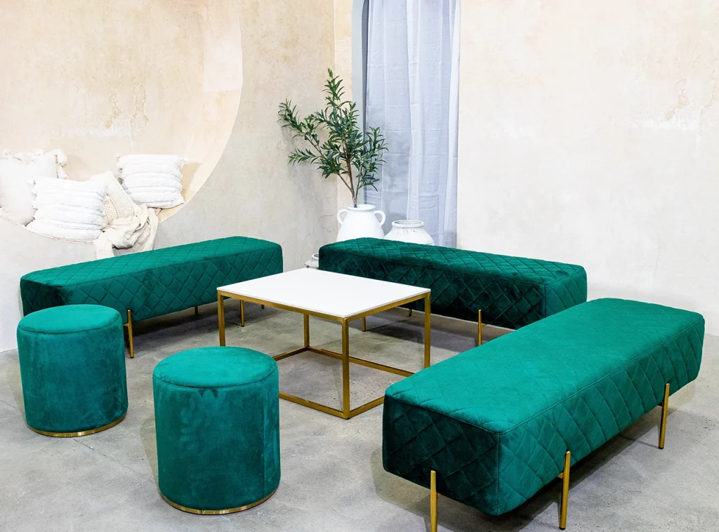 emerald green velvet ottoman benches, stools and gold coffee table