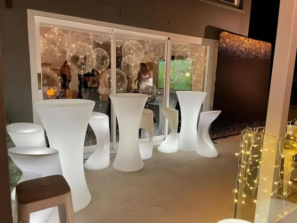 birthday glow party with glow cocktail tables and glow stools
