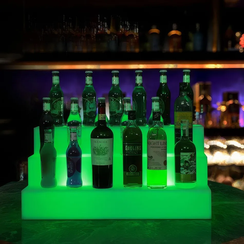 green colour glow bottle shelf display hire with all the bottles