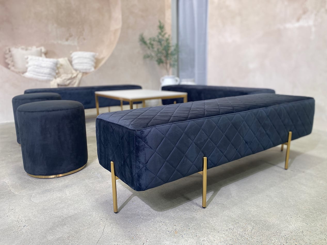 black velvet ottoman bench and stool setup