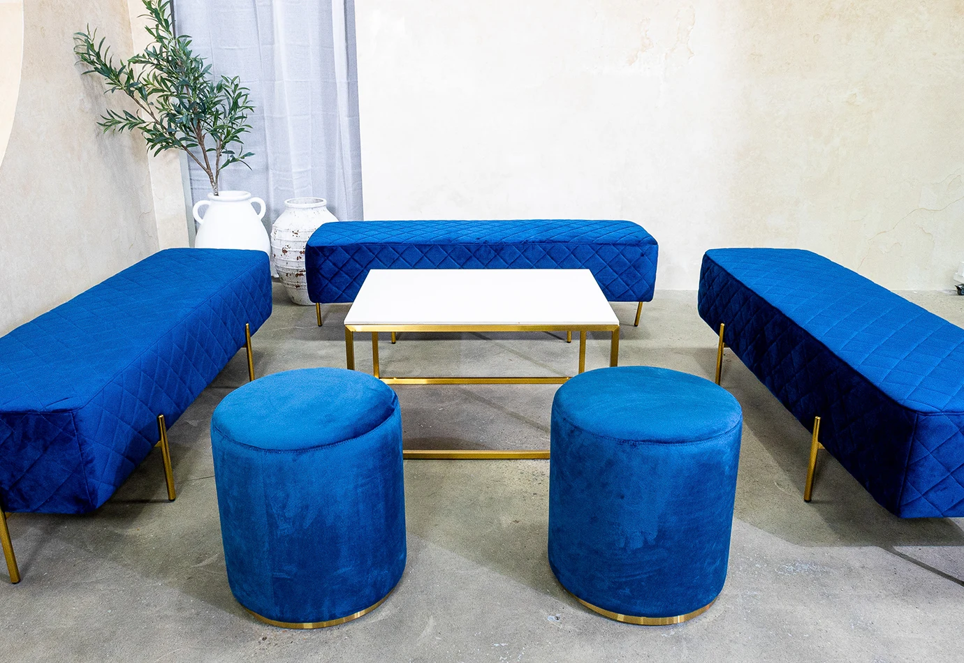 navy blue ottoman stool hire