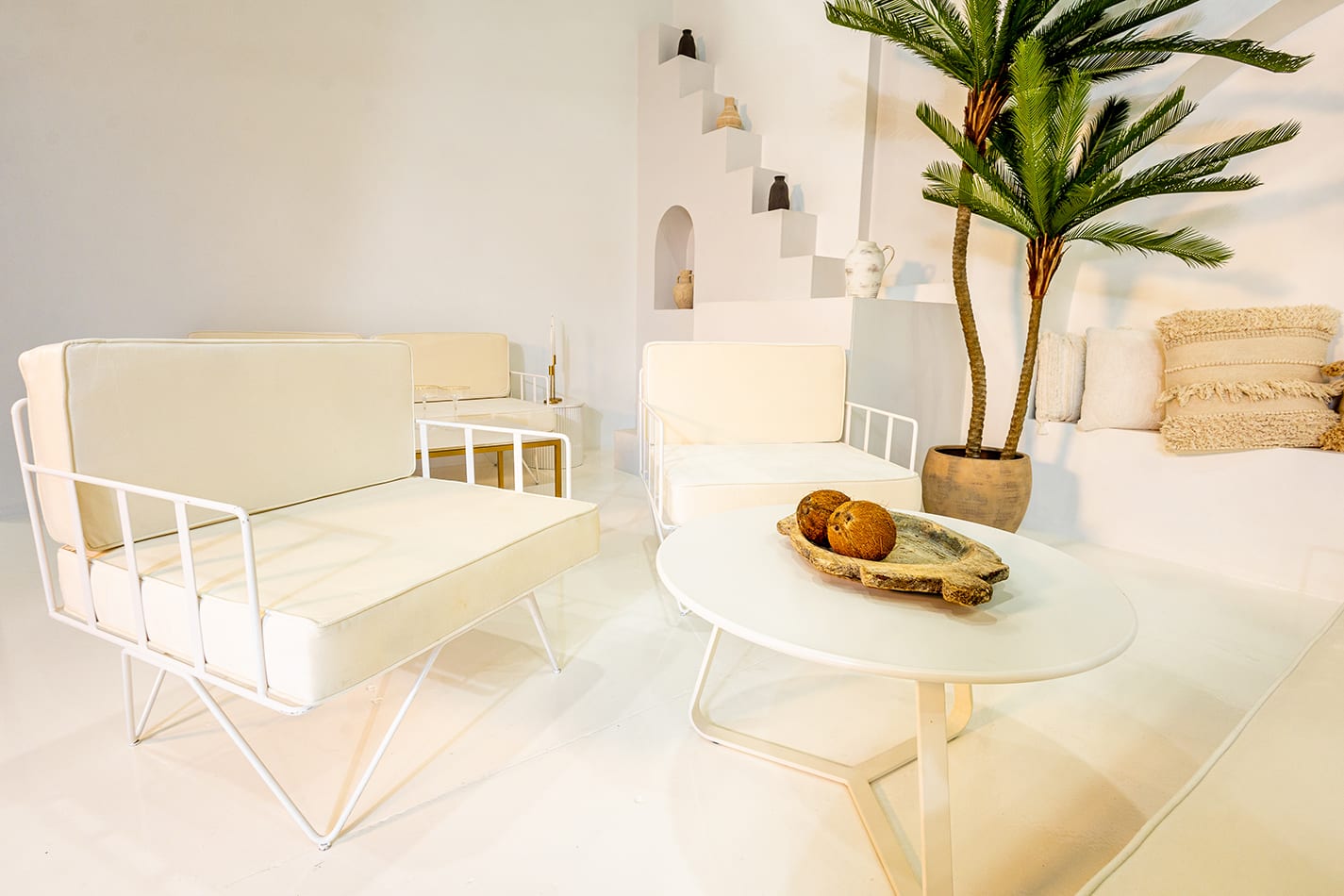 white wire armchairs in a lounge setting with a palm tree